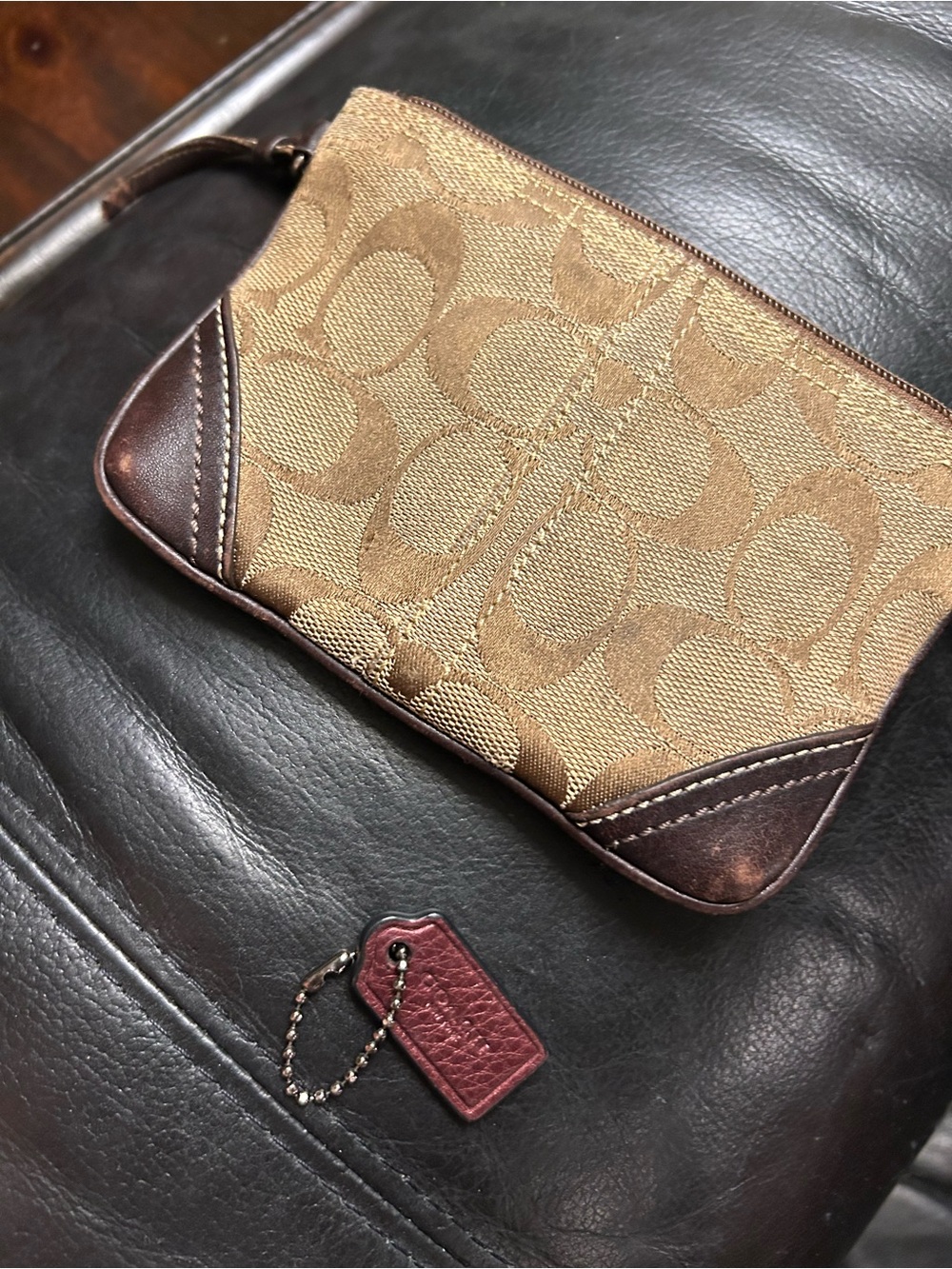 Coach Signature Canvas Wristlet Pouch in Tan and Brown + coach tag